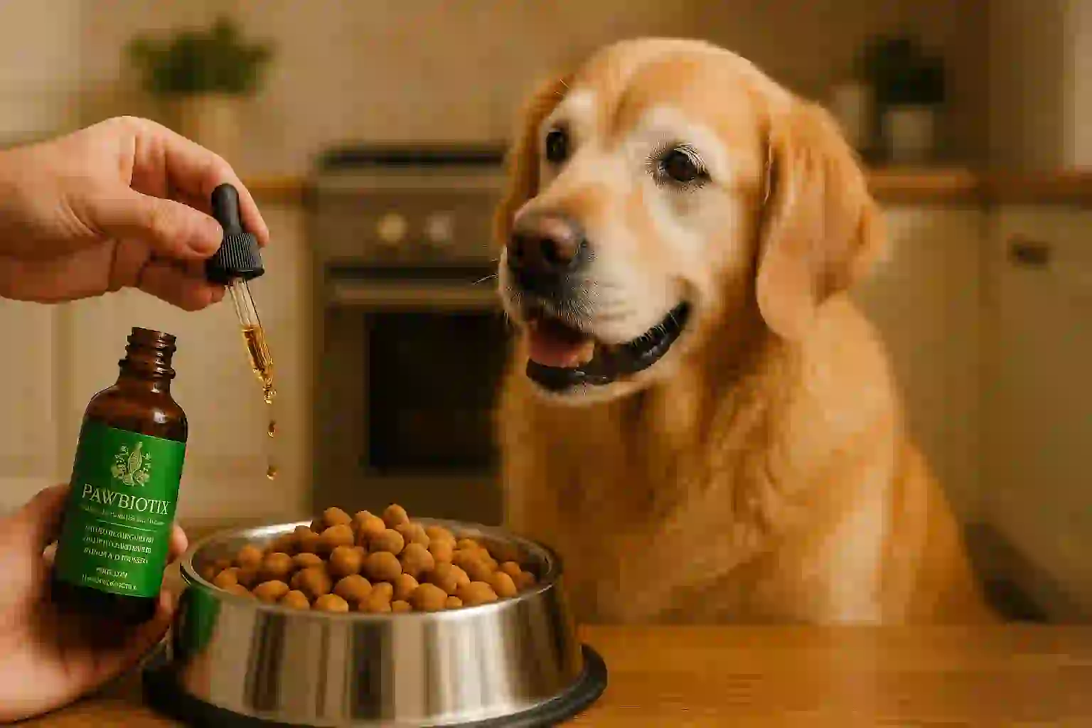 Pawbiotix liquid supplement being added to dog food