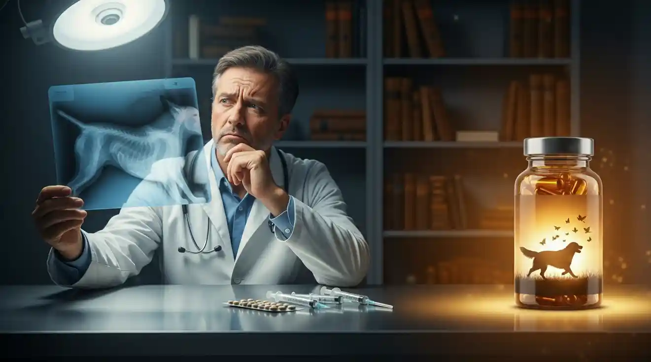 Veterinarian looking concerned about traditional dog treatments